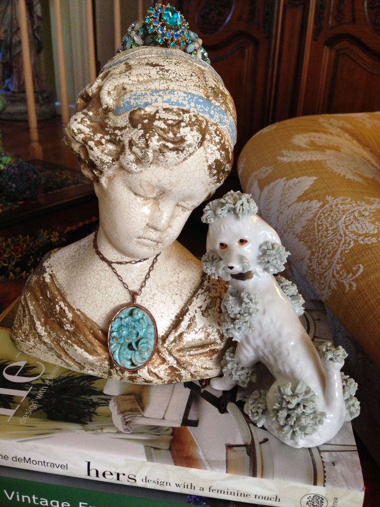 "Vintage Bust Adorned with Lovely Jewels As Her Poodle Sits Close By."