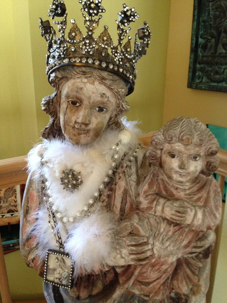 "My Treasured Madonna & Child Statue, Dressesd In Exquisite Crown, Feather Boa with Vintage Jewelery."