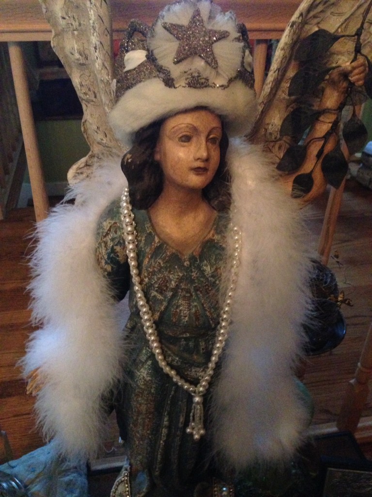"Whimsical Angel Is Ready For A Winter Wonderland! She Is Dressed In A Feather Boa, Vintage Pearls & Glitter Fur Crown."