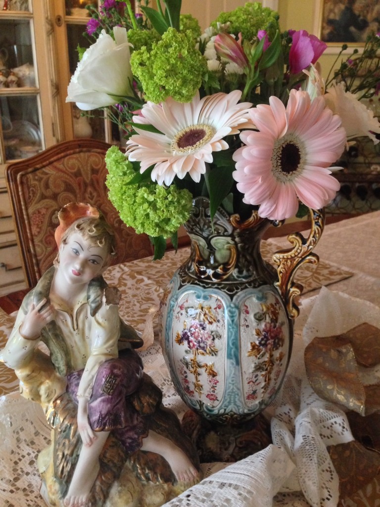 "Vintage Majolica Water Pitcher w/ Lovely Bouquet"