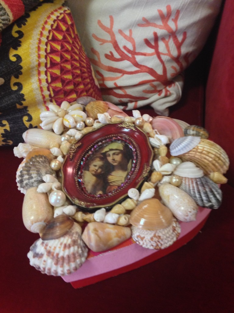 "Romantic Heart Shaped Box Covered With Shells & Sweet Framed Image. Lovely Handmade Treasure Box!! On Display At FRANK INTERIORS"