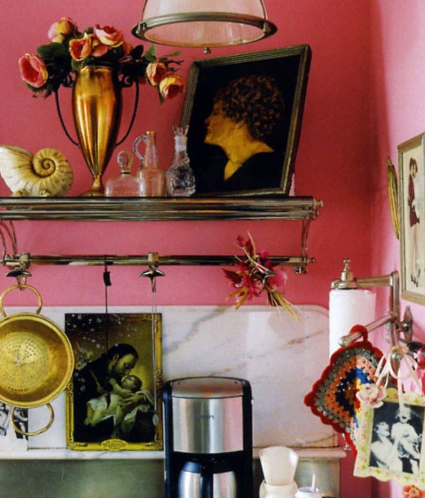 "Loved The Contrast Of The Pink Wall Color With The Vintage Look Of This Very French Inspired Kitchen. So Charming!!