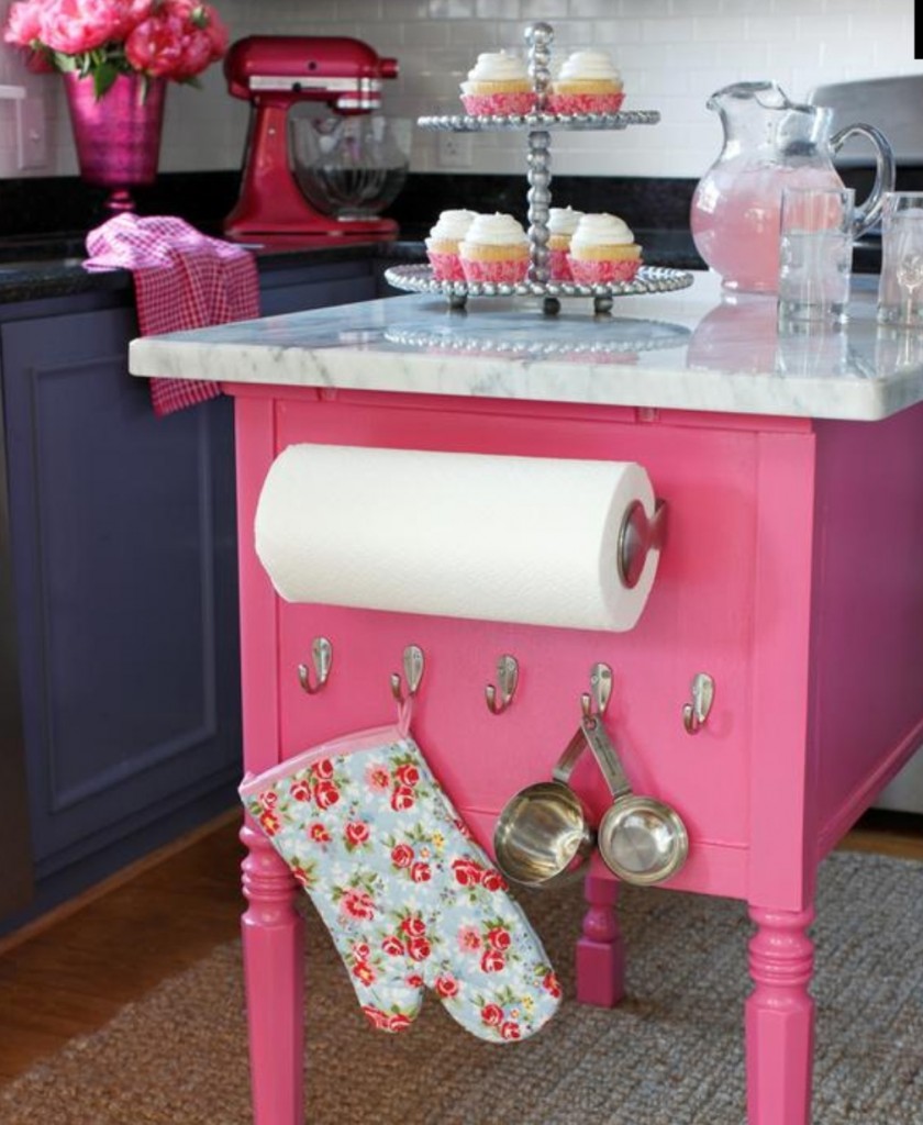 "Pink Whim Inspired Baking! A Console Table Was Repurposed For Cooking Adventures! Love The Carrera Marble Top!