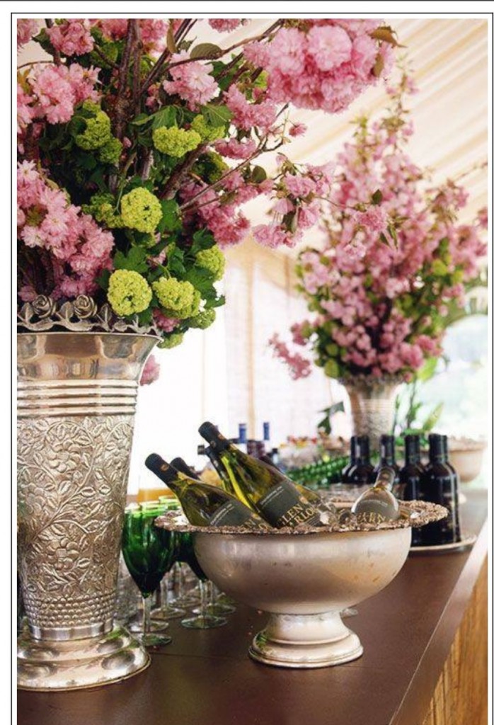 "Entertaining Is So Much More Elegant With Fresh Bouquets Of Flowers. The Silver Containers & Height Of The Bouquets Add So Much Drama! Pink Is So Fresh Too!!